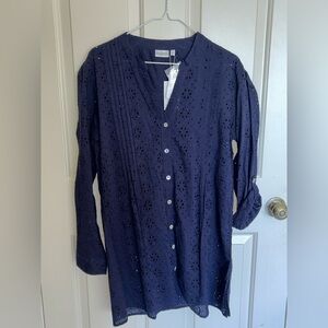 Dotti Navy Eyelet Button up Women’s Swim Coverup. Sz L NWT